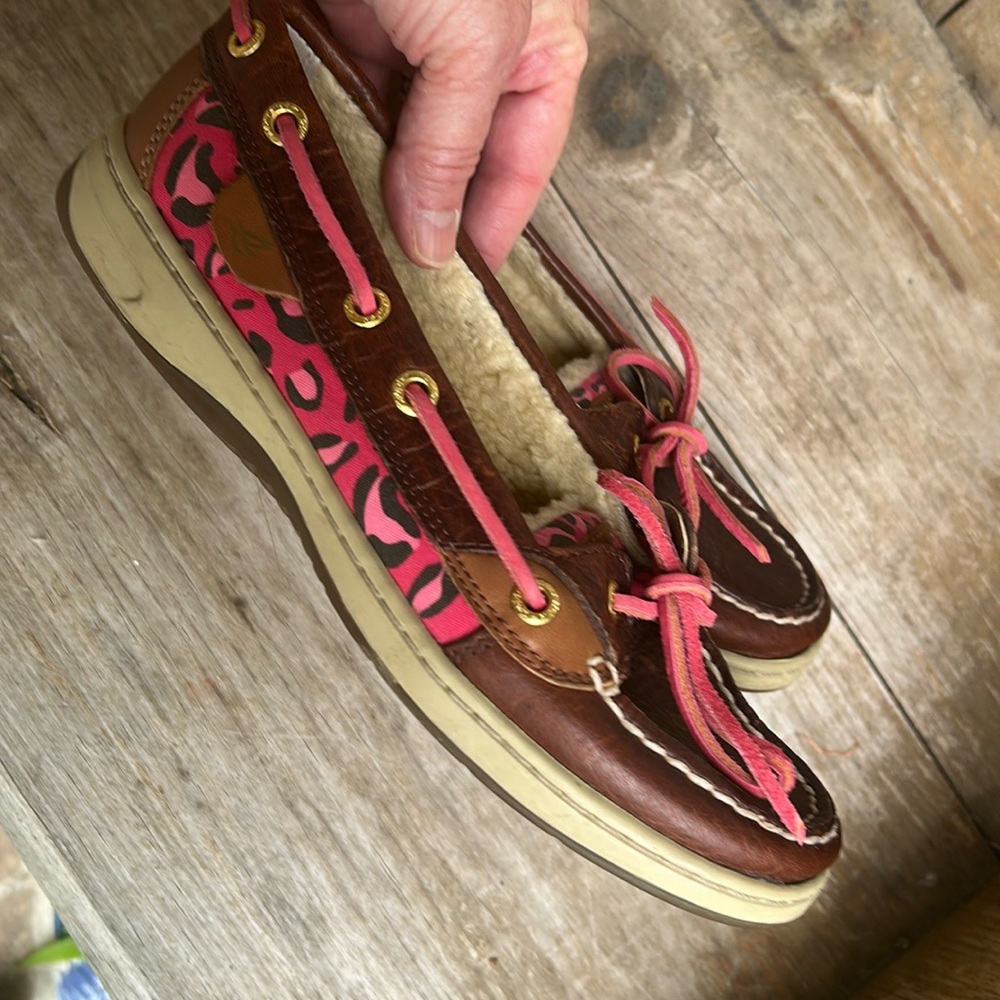 Sperry Brown Boat Shoes with Pink Leopard Print Sz women’s 6 M - Picture 2 of 10